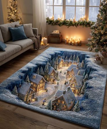 Frosted Village Scenic Accent Rug — Charming Winter Village Area Rug For Entryway, Dining Room & Living Spaces, Stain-Resistant, Non-Slip, Easy Care