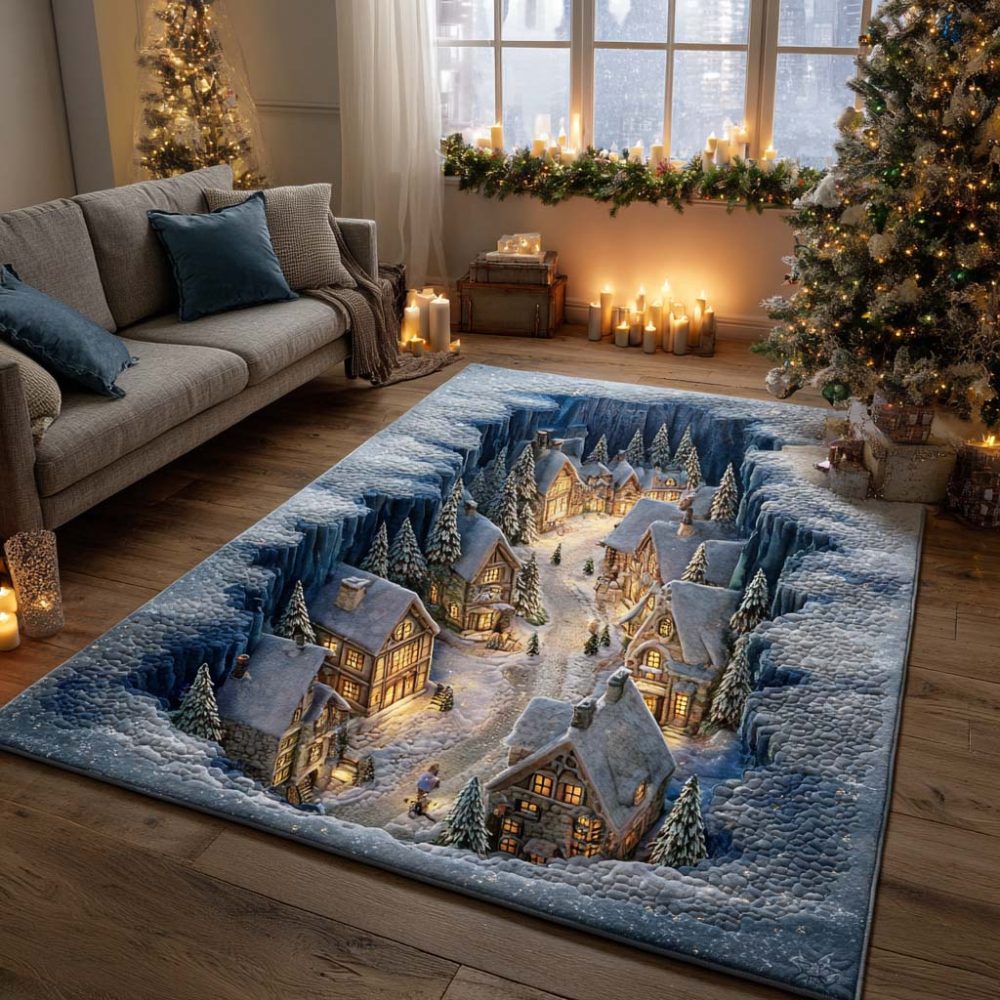 Frosted Village Scenic Accent Rug — Charming Winter Village Area Rug For Entryway, Dining Room & Living Spaces, Stain-Resistant, Non-Slip, Easy Care