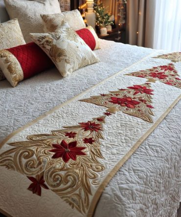 Frosted Whisper Quilted Bed Scarf — Elegant Icy Floral Bed Runner, Soft Quilted Throw Accent For Winter Bedroom Decor & Holiday Styling