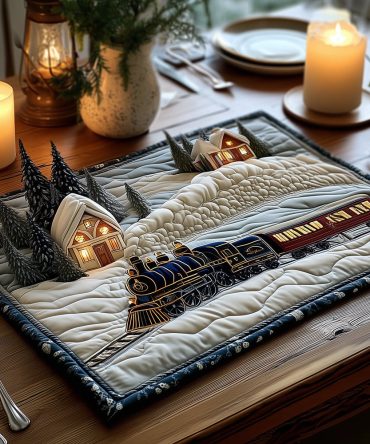 Frosty Rail Quilted Table Placemat — Icy Rail Winter Design for Festive Dining, Quilted Surface Protection, Durable & Machine-Washable Accent