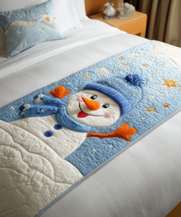 Frosty Snowman Quilted Bed Runner — Charming Winter Snowman Bed Scarf, Quilted Holiday Accent For Bedroom & Guest Suites