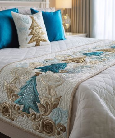 Frosty Evergreen Quilted Bed Runner — Cool Green Winter Decor With Quilted Texture, Durable Decorative Runner To Layer Over Queen & King Bedding