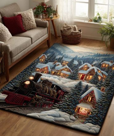 Frosty Express Whimsical Runner Rug — Festive Train-Themed Hallway Runner For Kids Rooms & Entryways, Durable Low-Pile, Easy-Clean & Non-Slip Backing