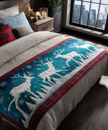 Frosty Forest Quilted Bed Scarf — Winter Pine & Snow Runner, Reversible Cotton-Blend Accent For Seasonal Bedrooms, Soft Insulating Layer