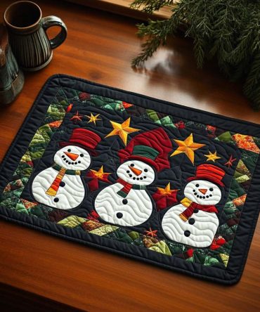 Frosty Trio Quilted Placemat — Cheerful Snowmen Table Decor, Winter Holiday Quilted Mat, Soft Insulated Texture for Family & Festive Dining