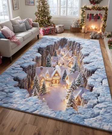 Cozy Frosted Village Decorative Area Rug — Winter Holiday Accent Rug, Soft Low-Pile, Durable Living Room & Bedroom Mat