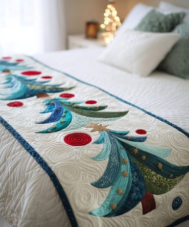Frosty Whirl Quilted Bed Runner — Icy Winter Motif Bed Scarf For Holiday & Seasonal Decor, Soft Insulated Cotton, Machine-Washable