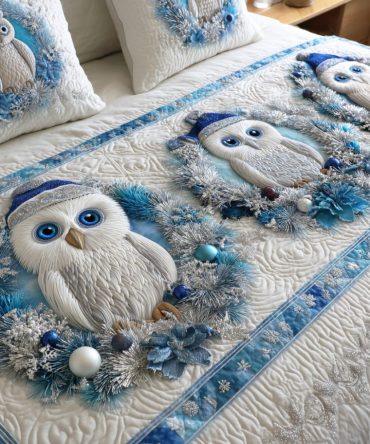 Frosty Wing Silence Icy Quilted Bed Runner — Winter Bird Motif Decorative Bed Scarf, Cool-Toned Seasonal Bedroom Accent