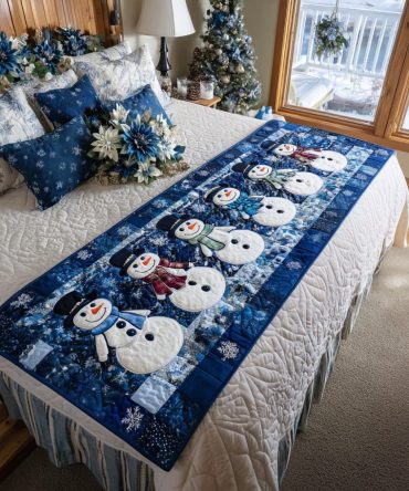 Frosty Winter Joy Quilted Bed Scarf - Soft Holiday Runner, Stitched Bedding Accent For Cozy Seasonal Bedroom Styling