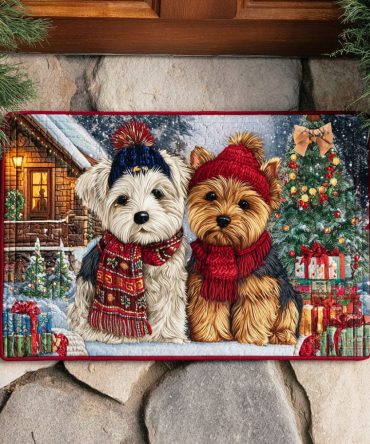 Frosty Yorkie Welcome Mat: Cute Winter Yorkie Doormat Made From Durable Coir, Non-Slip Backing, Ideal For Holiday Entryways & Pet Lovers