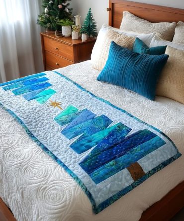Icy Forest Quilted Bed Runner - Winter Blue & Silver Woodland Design For Holiday Bedding, Reversible Cozy Cotton-Blend Accent