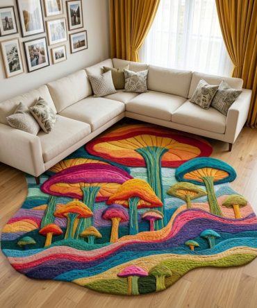 Whimsical Fungi Garden Custom-Shape Rug — Mushroom-Shaped Accent Rug, Playful Kids Room & Nursery Floor Decor, Non-Slip