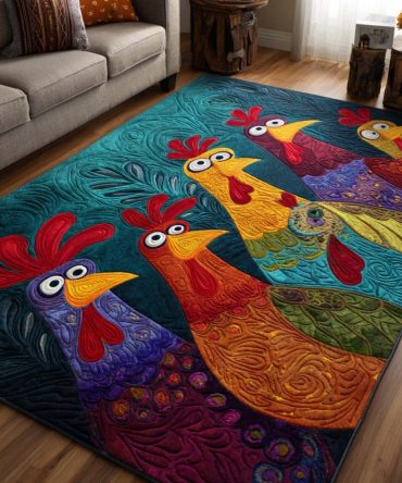 Vibrant Funky Roosters Area Rug — Colorful Farmhouse Accent Rug, Durable Low-Pile, Bold Kitchen & Living Room Decor