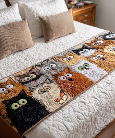 Funny Cats Quilted Bed Runner - Whimsical Cat Print Bedding Accent, Playful Quilted Throw Perfect For Pet Lovers, Kids' Rooms & Fun Gift Ideas