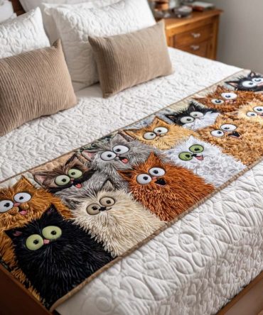 Funny Cats Quilted Bed Runner — Whimsical Cat-Themed Bedding Accent For Pet Lovers, Soft Quilting & Playful Design