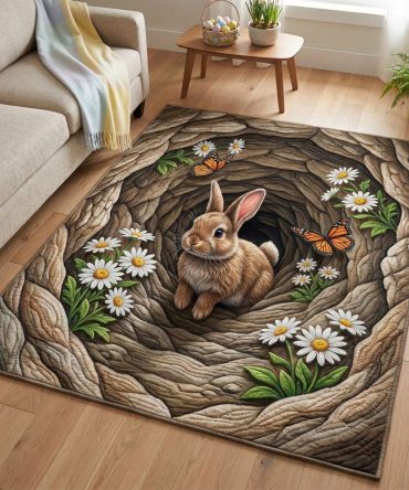 Garden Bunny Kids Area Rug — Cute Bunny Meadow Rug, Soft Low-Pile Playroom & Nursery Accent, Durable And Easy-Care
