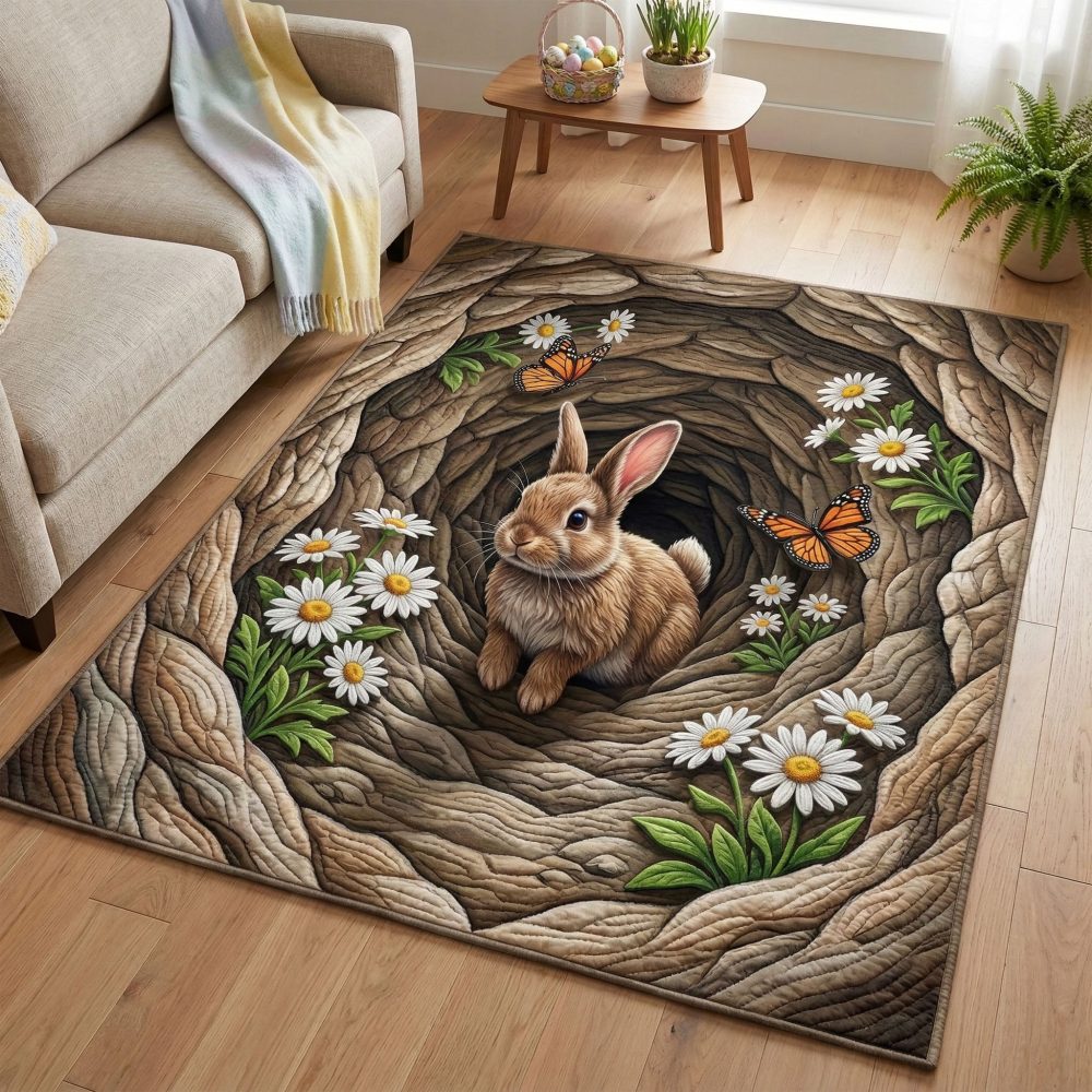 Garden Bunny Kids Area Rug — Cute Bunny Meadow Rug, Soft Low-Pile Playroom & Nursery Accent, Durable And Easy-Care