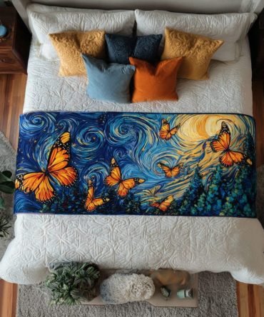 Garden Butterfly Quilted Bed Runner - Bright Floral & Butterfly Throw For Queen/King Beds, Reversible Cottage Style Decorative Accent