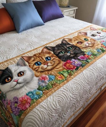 Garden Cats Quilted Bed Scarf — Whimsical Floral & Cat Bedding Accent, Decorative Bed Runner For Cottage, Pet-Lover Gift, Easy-Care Design
