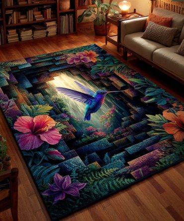 Vibrant Hummingbird Garden Accent Rug — Floral Indoor Area Rug For Living Room, Bedroom & Covered Patio, Low-Pile Durable Decor