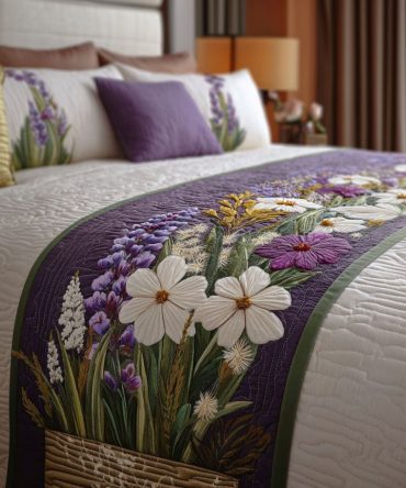 Gardenlight Sonata Quilted Bed Runner — Serene Floral & Leaf Motif Bed Scarf To Brighten Bedrooms, Soft-Touch & Easy Care