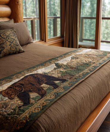 Gentle Giant Quilted Bed Runner - Oversized Bear Motif Rustic Throw For Queen & King Beds, Plush Quilting, Reversible Cabin Accent