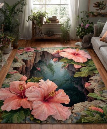 Gentle Hibiscus Floral Rug — Tropical Hibiscus Area Rug For Indoor Spaces, Living Room & Sunroom, Fade-Resistant Durable Design