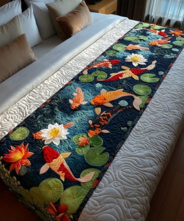 Serene Koi Quilted Bed Scarf — Soft Reversible Decorative Bed Runner For Queen & King, Subtle Botanical Accent For Modern Bedrooms