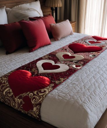Gentle Love Quilted Bed Scarf — Delicate Heart-Pattern Decorative Runner For Cozy, Romantic Bedroom Accents, Machine-Friendly
