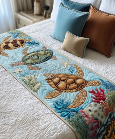 Gentle Turtle Path Quilted Bed Scarf — Subtle Coastal Bed Runner Accent, Reversible Cotton-Blend Throw For Queen & King Beds, Machine Washable
