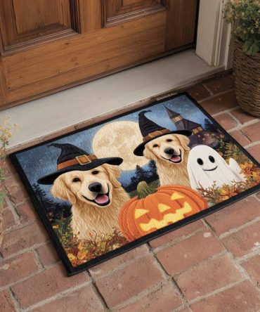 Ghost Golden Retriever Welcome Mat — Playful Pup Door Mat With Ghost Costume Design, Durable Indoor/Outdoor Doormat With Non-Slip Backing For Pet Lovers