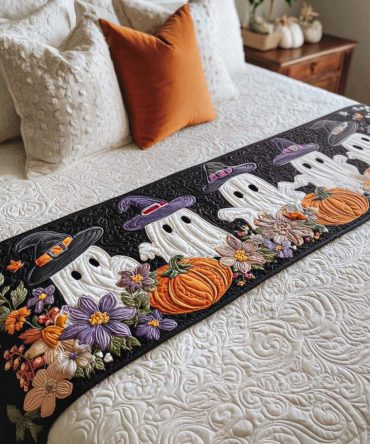 Ghostly Glow Quilted Bed Runner - Spooky Halloween Bed Scarf With Glow Accents, Dark Gothic Home Decor, Perfect Trick-Or-Treat Gift