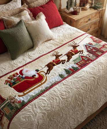 Gift Courier Quilted Bed Scarf - Charming Holiday Parcel Runner, Decorative Bedding Accent With Festive Motifs, Washable
