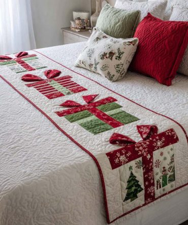 Wrapped Gift Quilted Bed Runner – Festive Present Pattern, Premium Quilting, Versatile Holiday Accent For Beds, Sofas & Guest Rooms