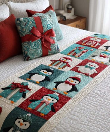 Gift Penguins Quilted Bed Runner - Festive Gift-Themed Penguin Bedding Accent, Reversible Quilted Throw For Queen & King Beds, Charming Holiday Decor