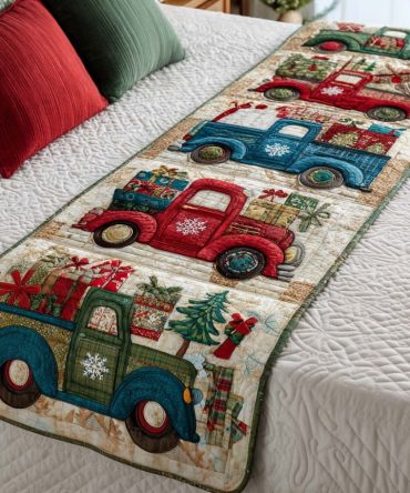 Gift Trucks Quilted Bed Runner — Cheerful Gift Truck Holiday Bed Scarf, Festive Decorative Throw For Seasonal Bedroom Styling