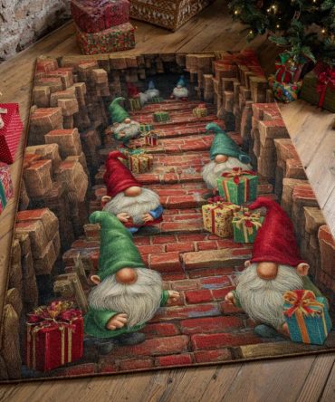 Gift Tunnel Gnomes Holiday Rug — Charming Gnome Scene Accent Rug, Low-Pile Seasonal Design For Entryways, Living Rooms & Mantels