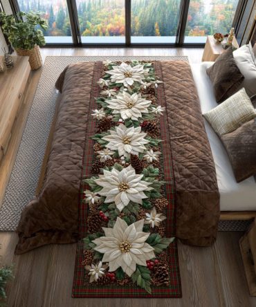 Gilded Petals Quilted Bed Scarf — Luxury Botanical Runner With Metallic Accents, Reversible Cotton-Blend Layer For Elegant Bedroom Styling