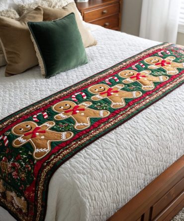 Gingerbread Cheer Quilted Bed Runner — Festive Holiday Gingerbread Motif, Sweet Quilted Decorative Scarf For Christmas Bedrooms, Reversible