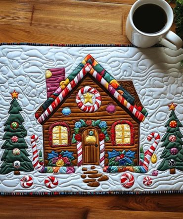 Gingerbread Cottage Quilted Placemat — Festive Holiday Table Mat with Warm Cottage Motif, Insulated & Easy-Care Cotton
