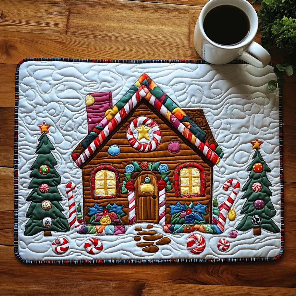 Gingerbread Cottage Quilted Placemat — Festive Holiday Table Mat with Warm Cottage Motif, Insulated & Easy-Care Cotton