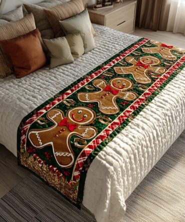 Gingerbread Delight Holiday Quilted Bed Scarf — Festive Reversible Runner For Seasonal Bedroom Decor, Cozy Cotton Blend, Easy Care