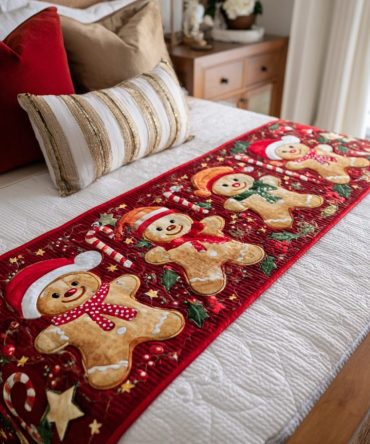 Gingerbread Joy Quilted Bed Runner — Charming Holiday Cookie Motif, Decorative Quilted Scarf For Festive Bedding, Reversible & Easy Care