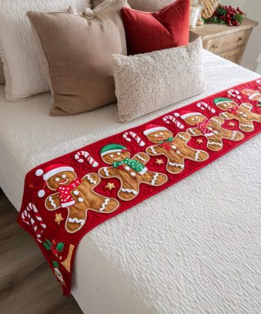 Gingerbread Magic Quilted Bed Scarf — Whimsical Festive Runner, Reversible Cotton-Blend For King/Queen, Durable And Machine Washable