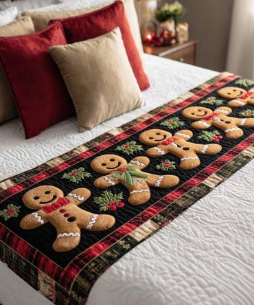 Gingerbread Row Quilted Bed Scarf — Sweet Holiday Decorative Runner With Cookie Motif, Cozy Festive Accent For Beds & Benches