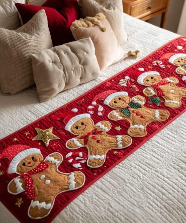 Gingerbread Spirit Quilted Bed Scarf — Rustic Holiday Runner With Charming Motif, Reversible Cotton-Blend, Soft Insulating Layer For Beds