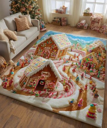 Gingerbread Village Nightfall Area Rug — Dark-Toned Low-Pile Accent Rug For Living Rooms & Bedrooms, Stain-Resistant & Durable