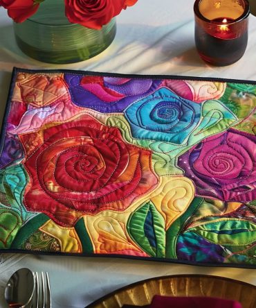 Glass Rose Enchantment Quilted Placemat — Elegant Rose Table Mat, Romantic Floral Dining Accent, Shimmering Floral Table Decor