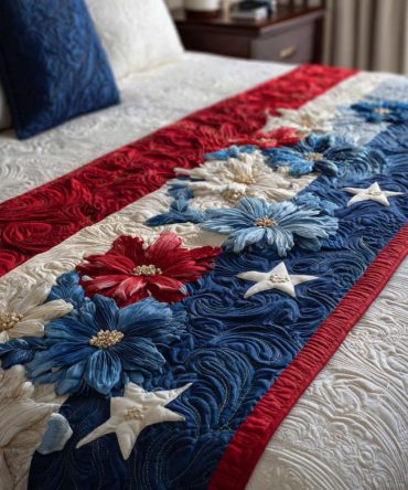 Glory Flowers Quilted Bed Scarf — Bright Patriotic Floral Accent For 4Th Of July Bedding, Reversible And Easy-Care