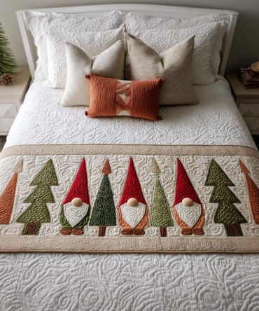 Gnome Forest Quilted Bed Scarf — Playful Woodland Gnome Decorative Runner For Christmas, Soft Reversible Seasonal Accent